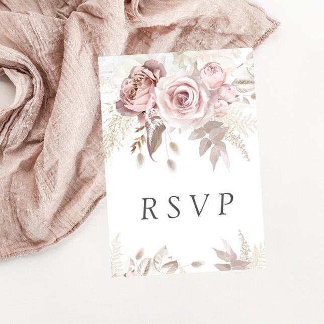 Cartão RSVP Dusty Rosa Blush Boho Pink Ivory Floral Casamento (Criador carregado)