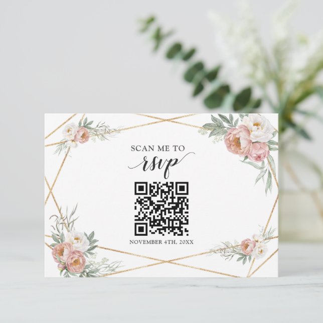 Cartão RSVP Dusty Rosa Floral Código QR Adicionar seu URL Casa (Em pé/Frente)