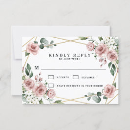 Cartão RSVP Dusty Rosa Rosa e Dourado Casamento Verde Floral