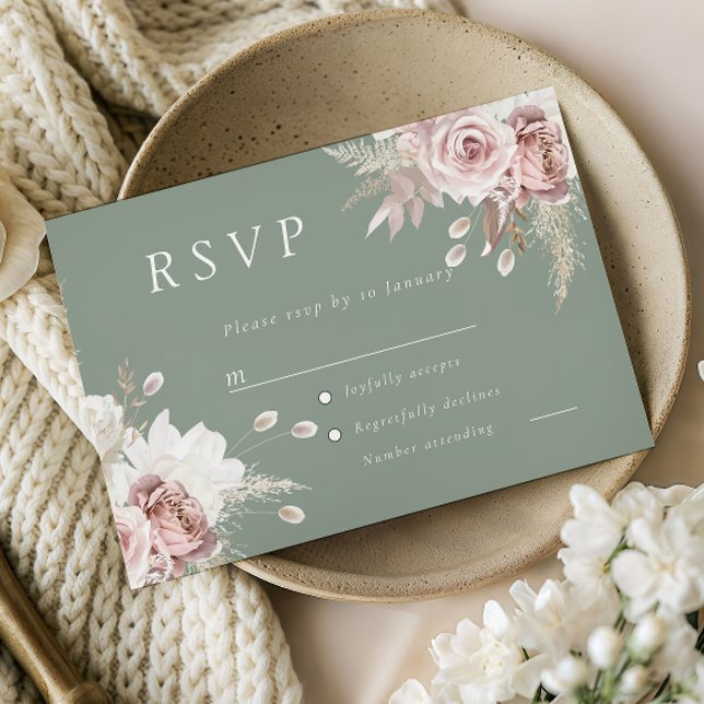 Cartão RSVP Dusty Rose Blush & Sage Floral Wedding All Event (Criador carregado)
