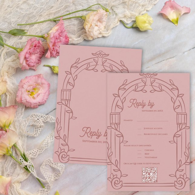 Cartão RSVP Dusty Rose Ornate Arch Botanical Wedding Reply By (Dusty Rose Ornate Arch Botanical Wedding RSVP Card with QR Code | Romantic Wedding Reply Card)