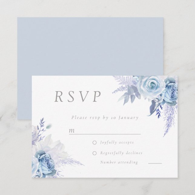 Cartão RSVP Dusty Sky Blue Divine Casamento Floral (Frente/Verso)