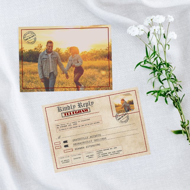Cartão RSVP Editable Rustic Photos Front and Back (Criador carregado)