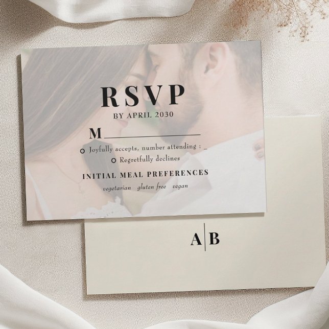 Cartão RSVP Editorial Ivory Photo Wedding (Criador carregado)