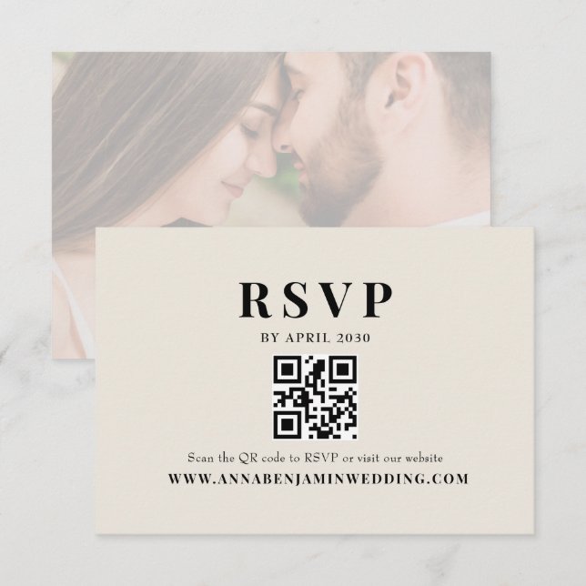 Cartão RSVP Editorial Marfim Código QR Foto Casamento (Frente/Verso)