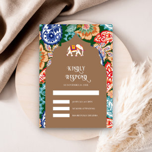 Cartão RSVP Elefante Arte Popular Indiana Casamento Bege