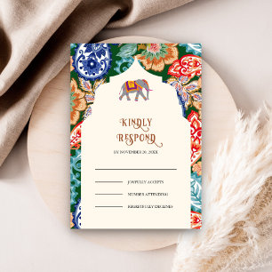 Cartão RSVP Elefante Creme Arte Popular Indiana Vibrante Casam