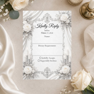 Cartão RSVP Elegância Atemporal de Prata e Marfim Casamento