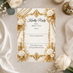 Cartão RSVP Elegância Atemporal Dourada de Marfim Casamento