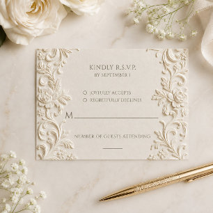 Cartão RSVP Elegância Barroca Casamento Script Marfim