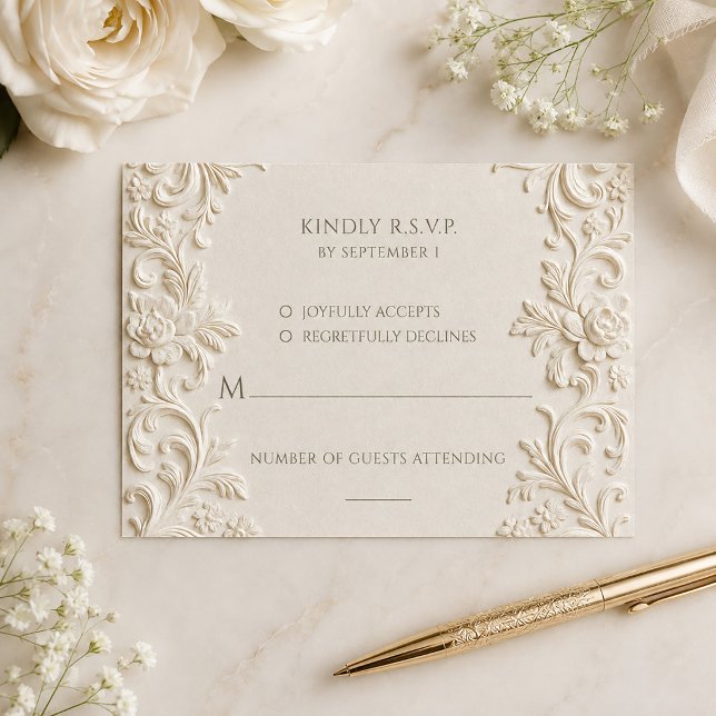 Cartão RSVP Elegância Barroca Casamento Script Marfim (Baroque Elegance Ivory Script Wedding RSVP Card)