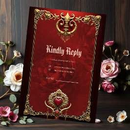 Cartão RSVP Elegância em brilho vermelho com um coração orname