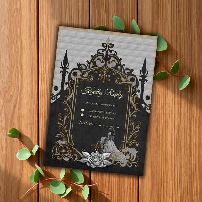 Cartão RSVP Elegância em prata e preto. (Criador carregado)