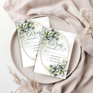 Cartão RSVP Elegância Fresca Verde e Dourado Casamento de Euca