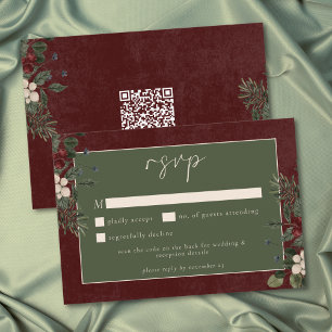 Cartão RSVP Elegant Bagas de Inverno & Casamento Burgundy QR d