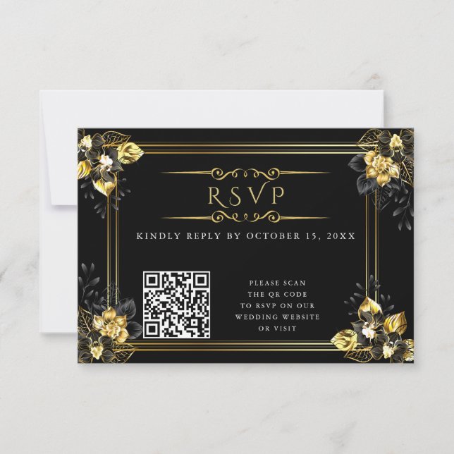 Cartão RSVP Elegant black and gold summer wedding (Frente)