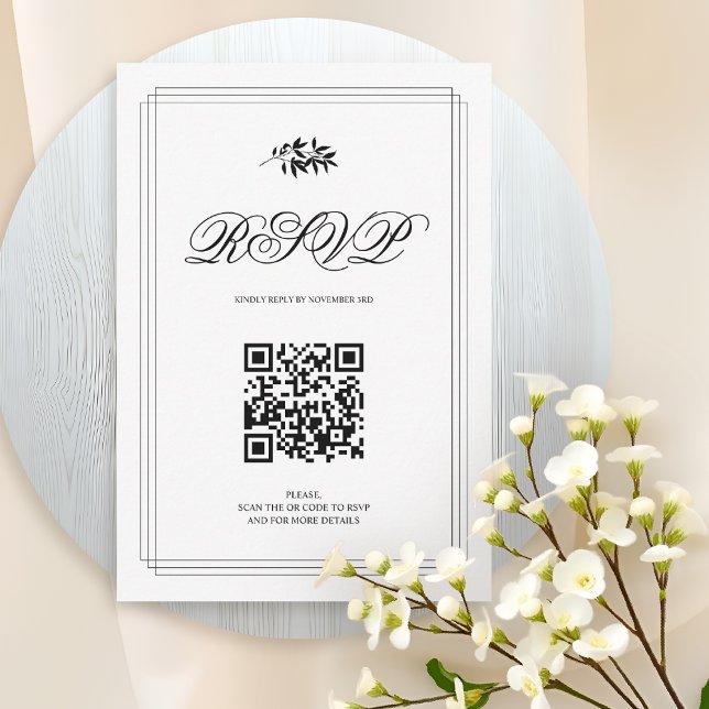 Cartão RSVP Elegant black and white branch and QR code wedding (Criador carregado)
