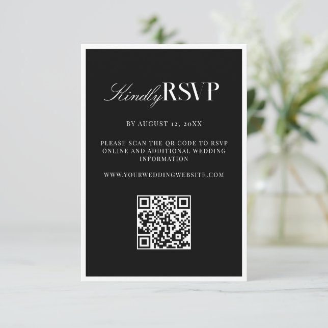 Cartão RSVP Elegant Black and White Wedding (Em pé/Frente)