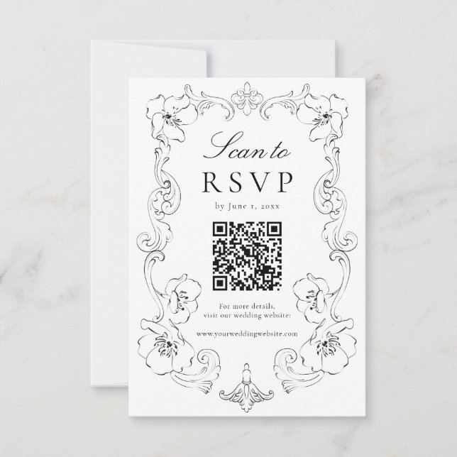 Cartão RSVP Elegant Black Ornate Floral QR Code Wedding (Frente)