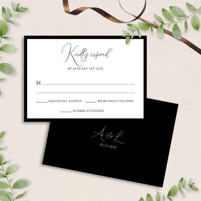 Cartão RSVP Elegant Black & White Monogram Bordered Wedding (Criador carregado)