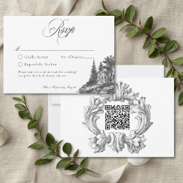 Cartão RSVP Elegant Black White Toile French Manor Wedding QR