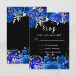 Cartão RSVP Elegant Blue and Silver Flowers Sweet Sixteen
