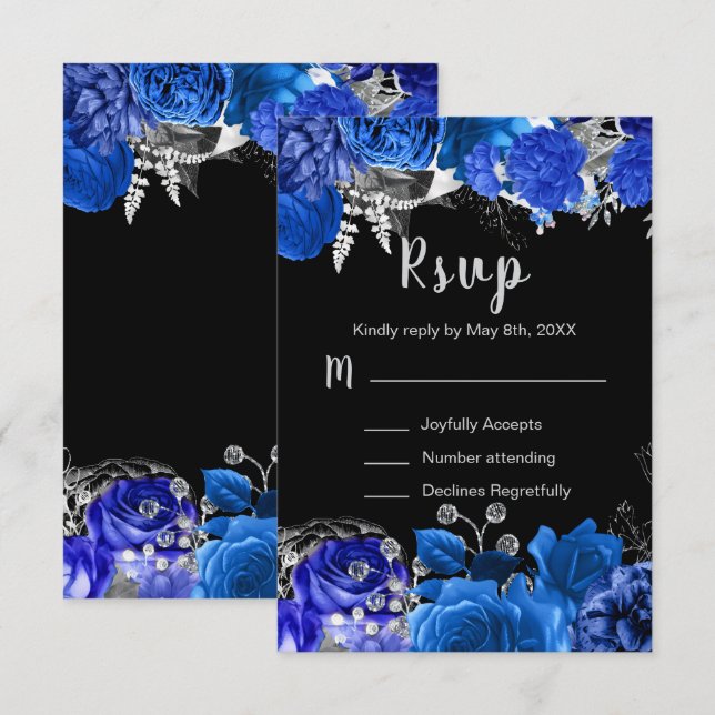 Cartão RSVP Elegant Blue and Silver Flowers Sweet Sixteen (Frente/Verso)