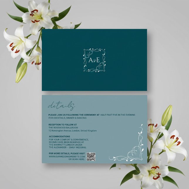 Cartão RSVP Elegant Blue Floral Wedding Details Card (Criador carregado)