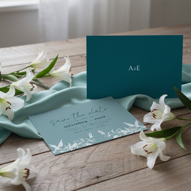 Cartão RSVP Elegant Blue Floral Wedding Save the Date Card (Criador carregado)