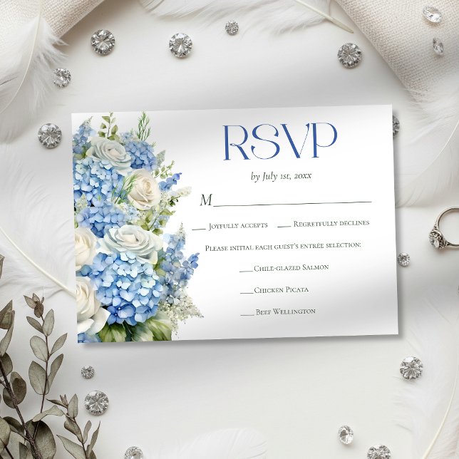 Cartão RSVP Elegant Blue Hydrangea Floral Meal Choice Wedding (Criador carregado)