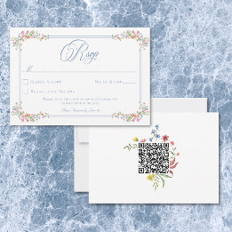 Cartão RSVP Elegant Blue Pastel Wildflower Border Wedding