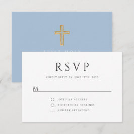 Cartão RSVP Elegant Blue Religious Cross Boy First Communion 