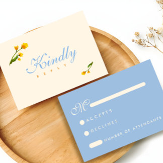 Cartão RSVP Elegant Blue & Yellow watercolor floral wedding