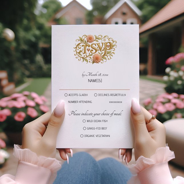 Cartão RSVP Elegant Blush Dahlias Golden Script Wedding (Criador carregado)