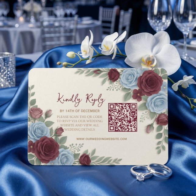 Cartão RSVP Elegant Burgundy Floral Modern QR Code Wedding (Criador carregado)