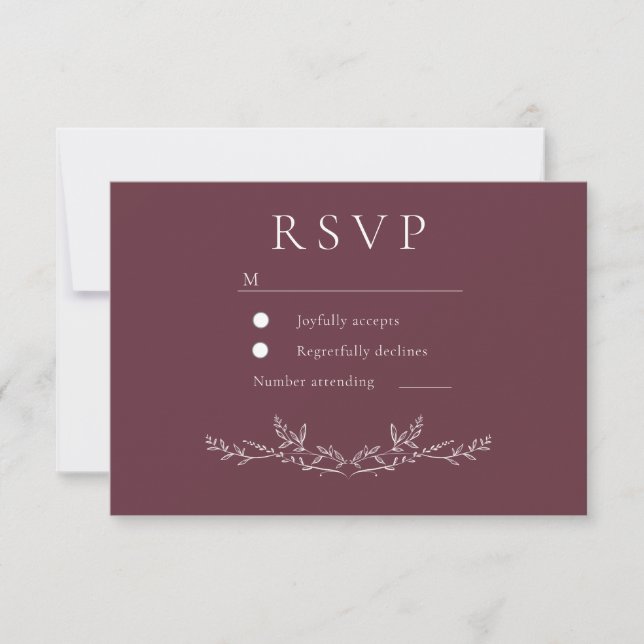 Cartão RSVP Elegant Burgundy Leaf Line Art Wedding  (Frente)