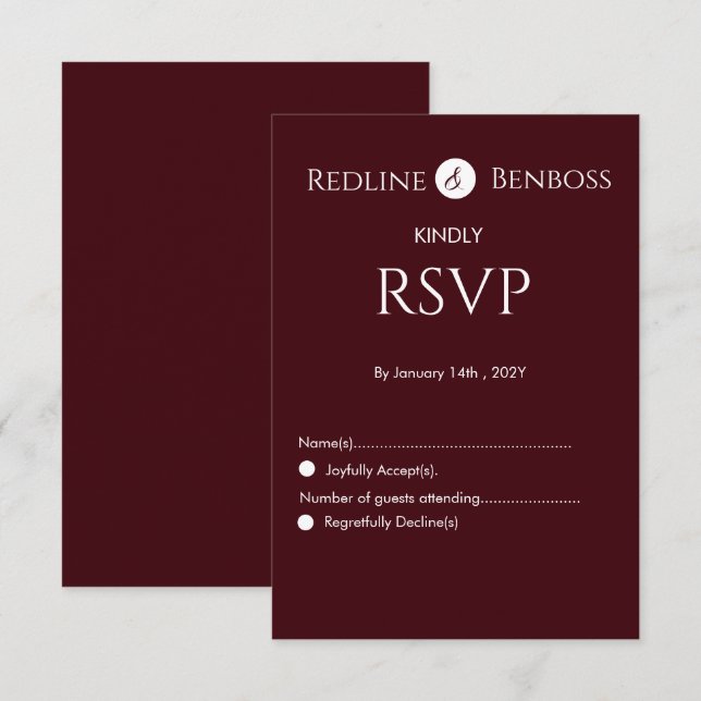 Cartão RSVP Elegant Burgundy Minimalist Wedding  (Frente/Verso)