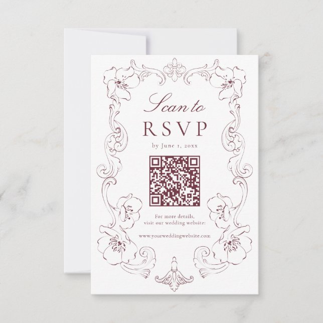 Cartão RSVP Elegant Burgundy Ornate Floral QR Code Wedding (Frente)