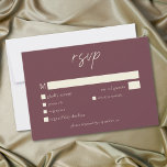 Cartão RSVP Elegant Burgundy Wine Minimalist Wedding<br><div class="desc">Celebrate your love with this minimalist burgundy wine wedding response card with dinner choices design. Featuring an elegant,  simple design,  it's perfect for an elegant autumn ceremony. This earthy,  modern look offers a warm and sophisticated feel for your fall wedding. Created by Simply Farmhouse Press.</div>