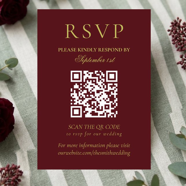Cartão RSVP Elegant Chartreuse Burgundy Wedding QR Code (Elegant Chartreuse Burgundy Wedding QR Code RSVP Card)