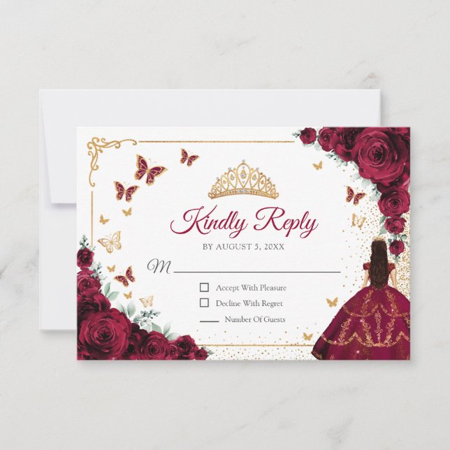 Cartão RSVP Elegant Chic Burgundy Roses Gold Quinceanera Reply (Frente)