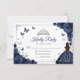 Cartão RSVP Elegant Chic Navy Blue Silver Quinceanera Reply