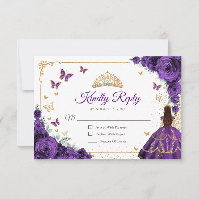 Cartão RSVP Elegant Chic Purple Roses Gold Quinceanera Reply (Frente)