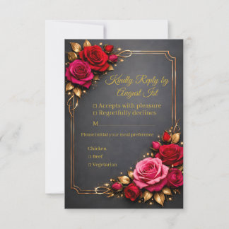 Cartão RSVP Elegant Classic Red Pink Roses Golden Kindly Reply
