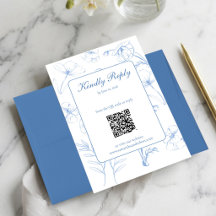 Elegant Dusty Blue Floral Line Art QR Code Wedding