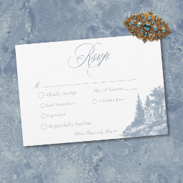 Cartão RSVP Elegant Dusty Blue Toile French Manor Wedding