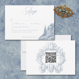 Cartão RSVP Elegant Dusty Blue Toile French Manor Wedding QR