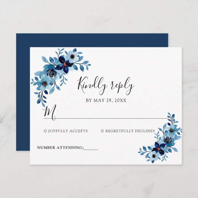 Cartão RSVP elegant dusty Blue watercolor flower bouquet (Frente/Verso)