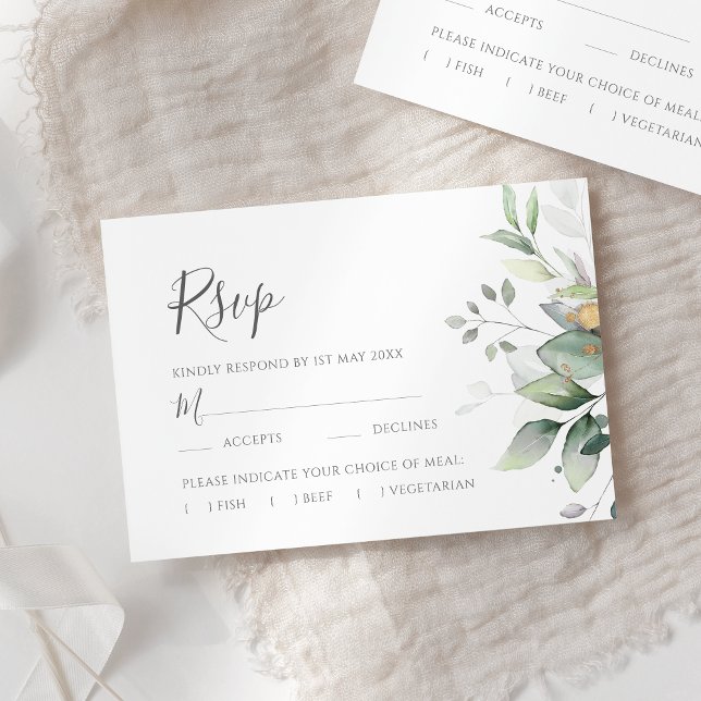 Cartão RSVP Elegant Eucalyptus Leaves Greenery Gold Wedding (Criador carregado)