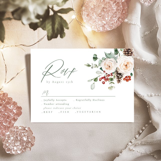 Cartão RSVP Elegant Festive Floral Holiday Winter Wedding (Elegant Festive Floral Holiday Winter Wedding RSVP Card)